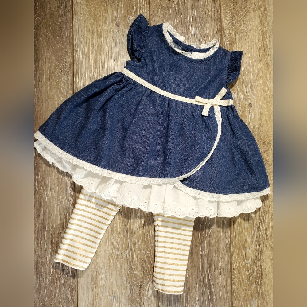 Dylan And Abby Denim Blue Dress Tunic, Gold, White Striped Leggings Size 6-9M